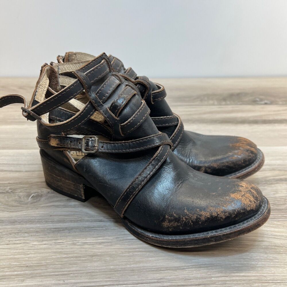 Freebird By Steven Women's Stair US 6M Distressed Black‎ Leather Strappy Booties
